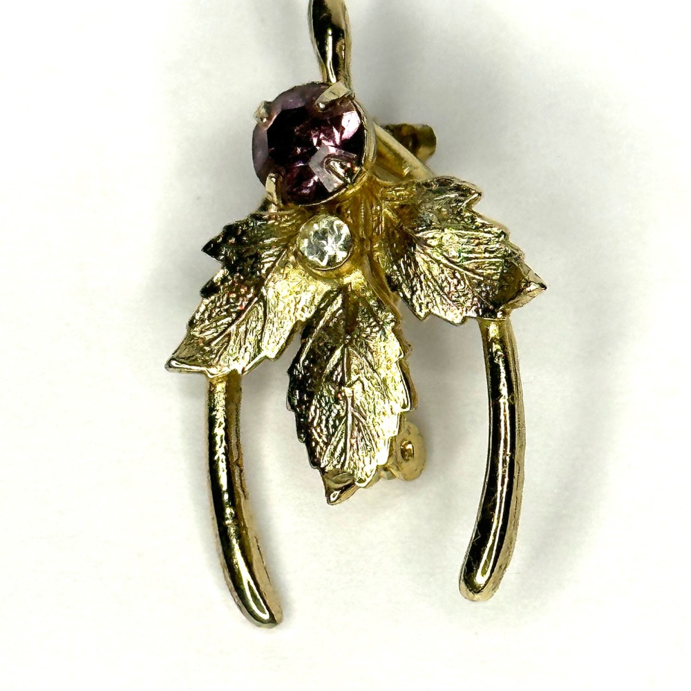 VTG RARE Wishbone Leaf Brooch Pin Purple & Clear Stones Gold Tone Good Luck